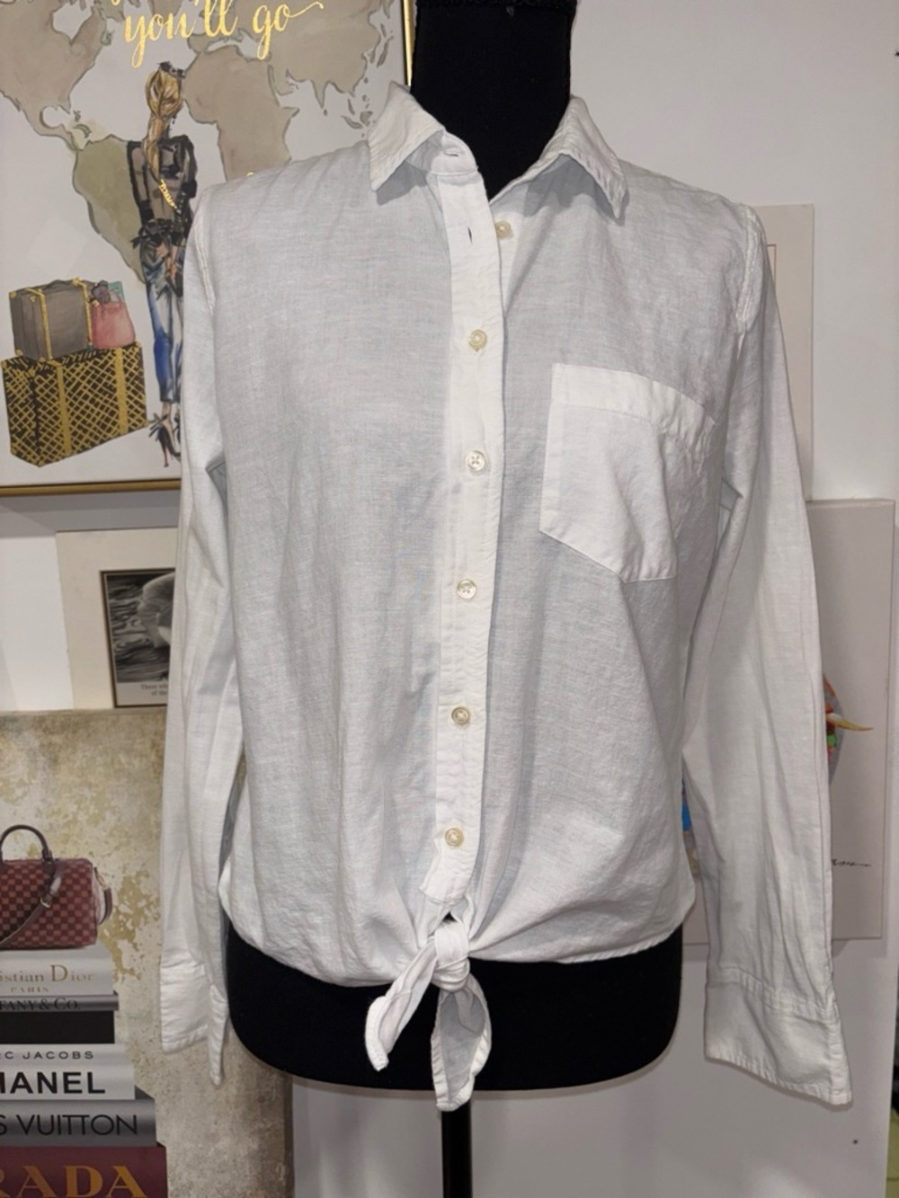 J. Crew White Long-Sleeve Button-Down Shirt with Front Tie